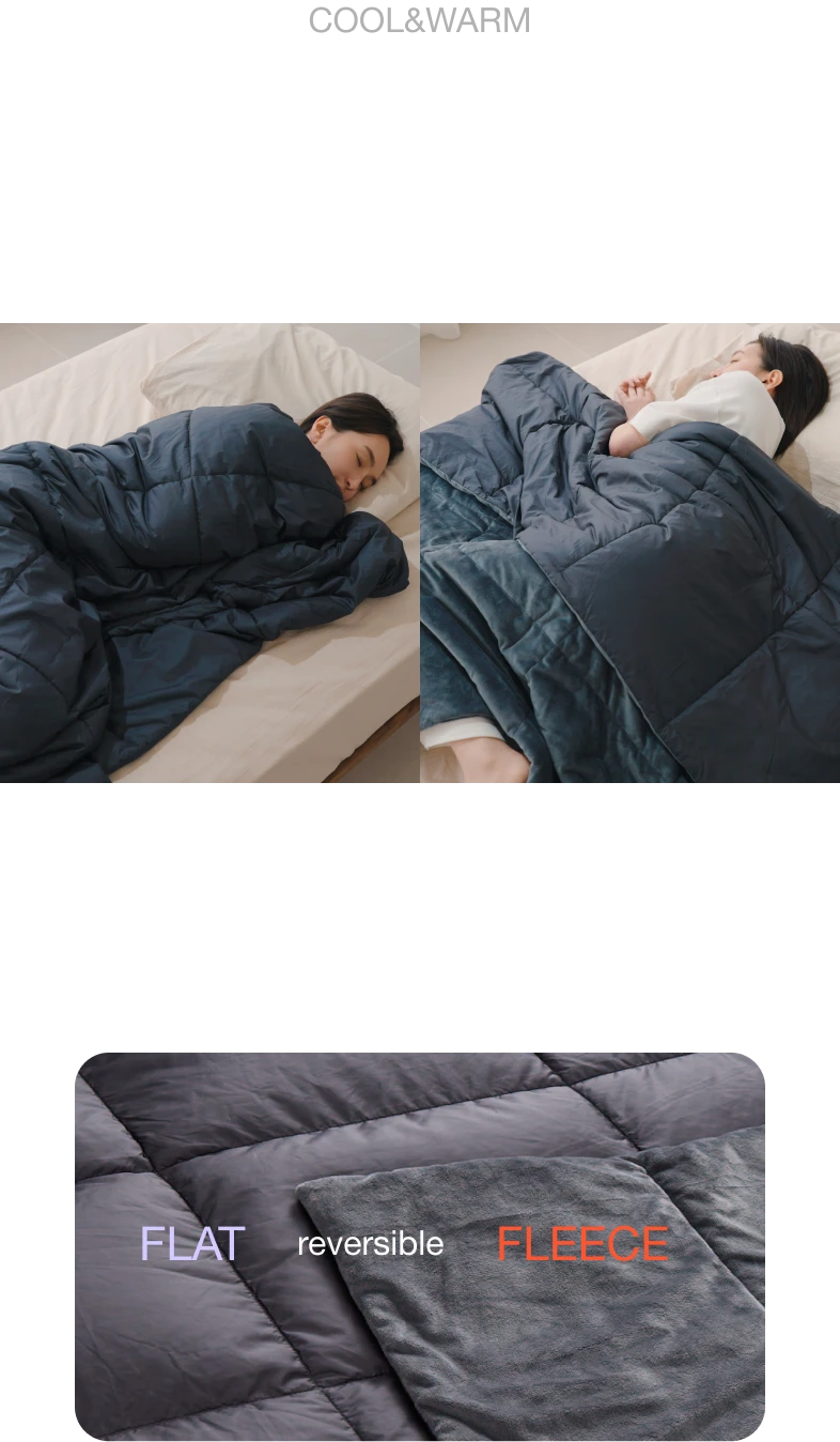 COOL&WARM リバーシブル。フラット面とフリース面の2way仕様。使用シーン写真。