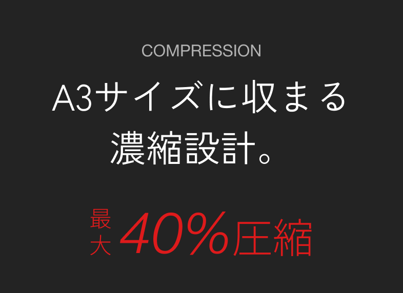 COMPRESSION A3サイズに収まる濃縮設計。最大50%圧縮。