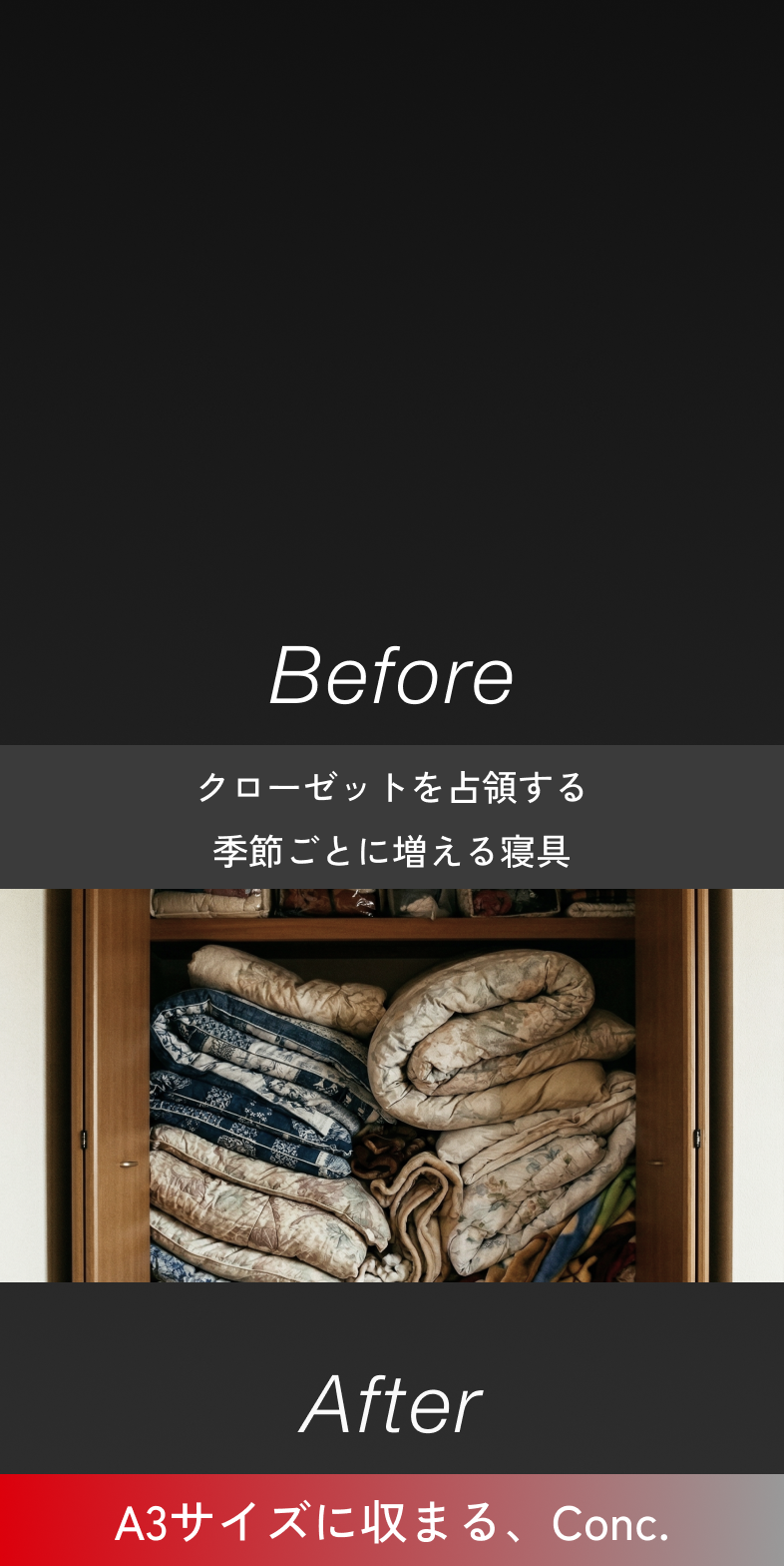 Before：クローゼットを占領する季節ごとに増える寝具 After：A3サイズに収まるConc.
